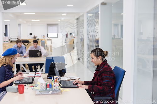 Image of startup business, woman  working on laptop