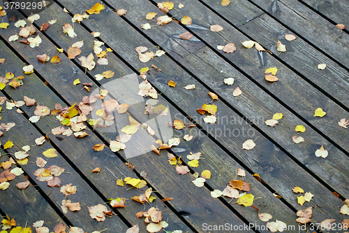 Image of Boards with leaves background.