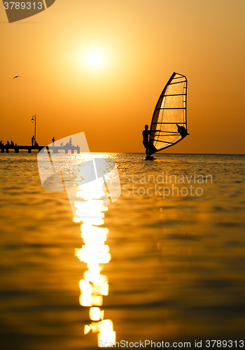 Image of Silhouette of surfer at sunset passing by