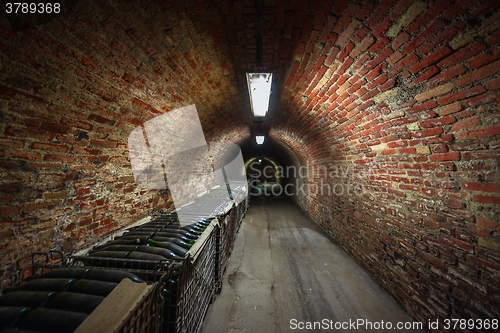 Image of Long underground brick tunnel in the wine cellar