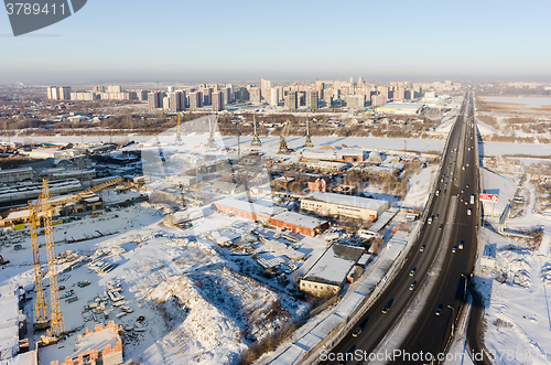 Image of Port and bridge on Tura river in Tyumen. Russia