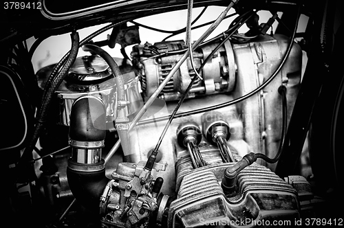 Image of gritty black and white motorcycle engine