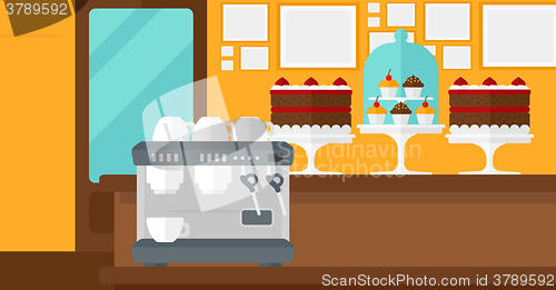 Image of Background of bakery with pastry and coffee maker.