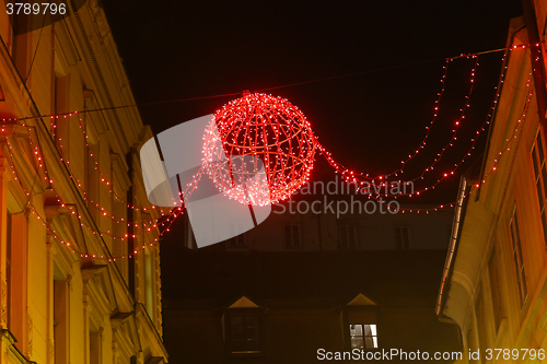 Image of Christmas ornaments at night