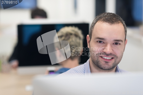 Image of startup business, software developer working on desktop computer