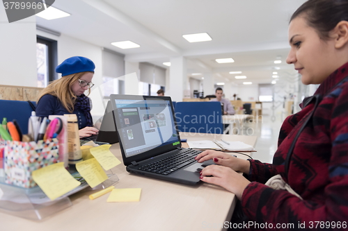 Image of startup business, woman  working on laptop