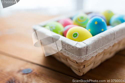 Image of close up of colored easter eggs in basket