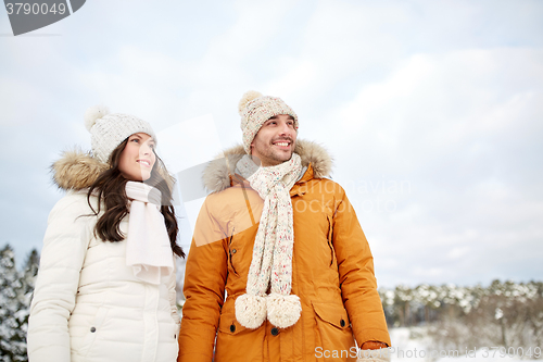 Image of happy couple walking over winter background