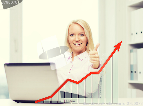 Image of happy businesswoman with laptop showing thumbs up