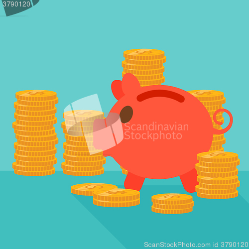 Image of Blue background of piggy bank and golden coins.