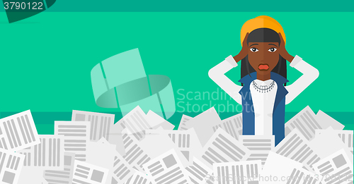 Image of Woman in stack of newspapers.