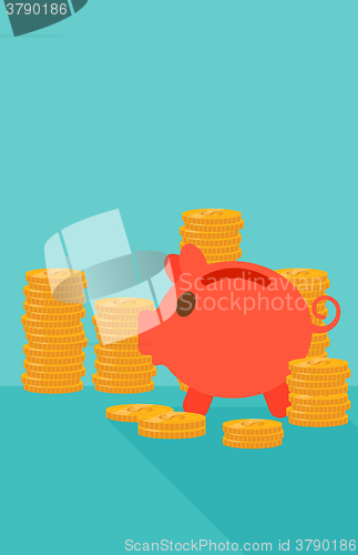 Image of Blue background of piggy bank and golden coins.