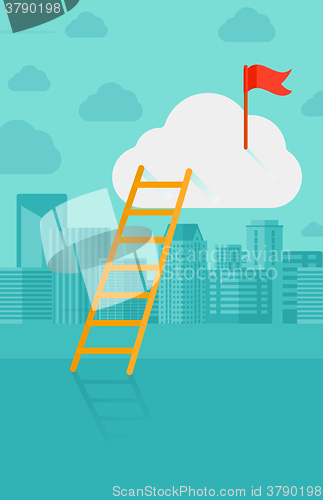 Image of Ladder and flag on top of the cloud on city background.