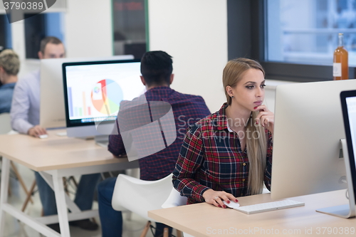 Image of startup business, woman  working on desktop computer