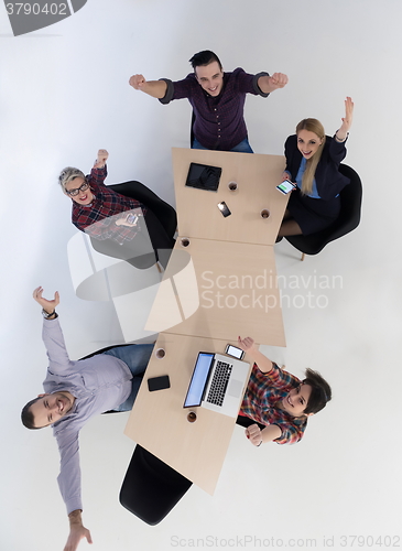 Image of aerial view of business people group on meeting