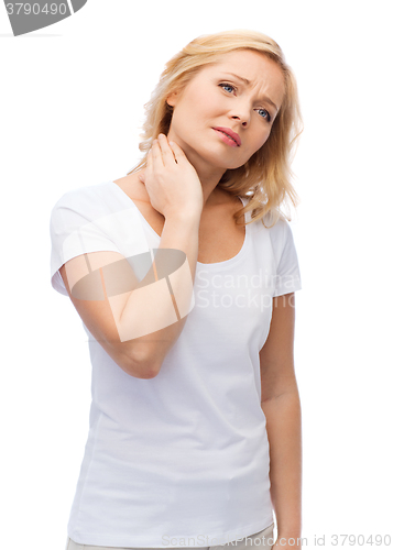 Image of unhappy woman suffering from neck pain