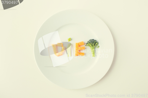 Image of close up of plate with vegetable diet letters