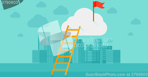 Image of Ladder and flag on top of the cloud on city background.