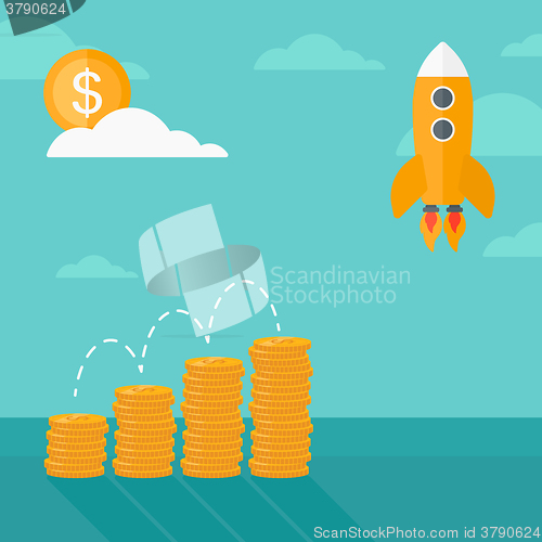 Image of Background of start up rocket idea and golden stacks.