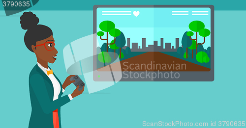 Image of Woman playing video game.