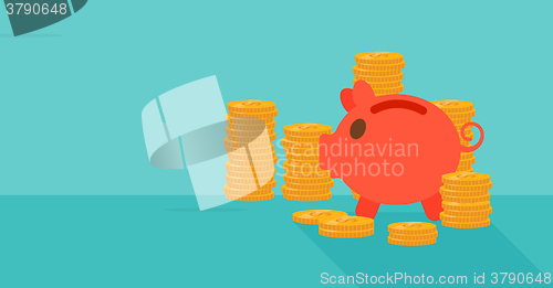 Image of Blue background of piggy bank and golden coins.