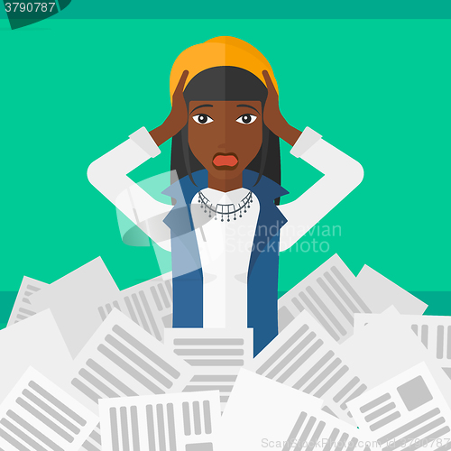 Image of Woman in stack of newspapers.