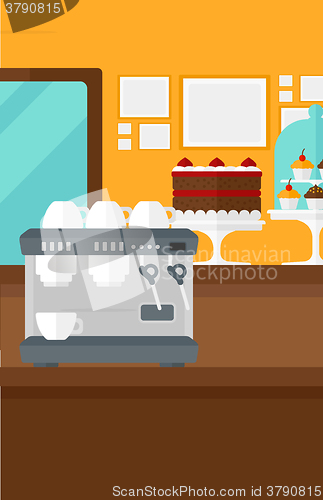 Image of Background of bakery with pastry and coffee maker.