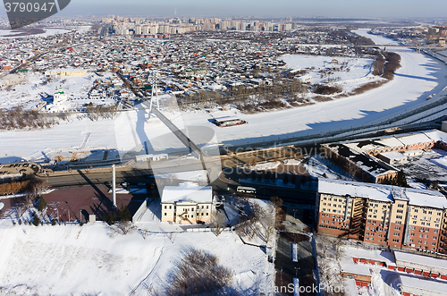 Image of Pedestrian Lovers Bridge during winter. Tyumen