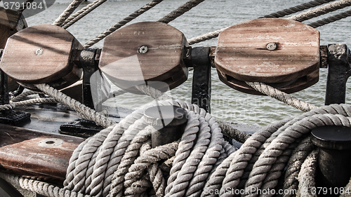 Image of Blocks and rigging at the old sailboat, close-up