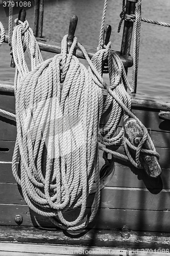 Image of Blocks and rigging at the old sailboat, close-up