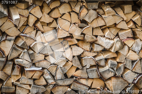 Image of folded rows of firewood, close-up  