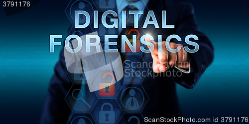 Image of Investigator Pushing DIGITAL FORENSICS\r