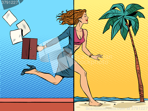 Image of Business woman dreaming about vacation at sea