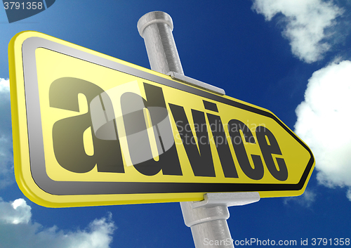 Image of Yellow road sign with advice word under blue sky