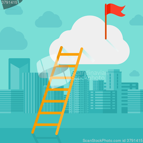 Image of Ladder and flag on top of the cloud on city background.
