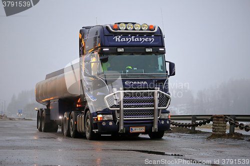 Image of Purple Scania Semi Tank Truck Parked