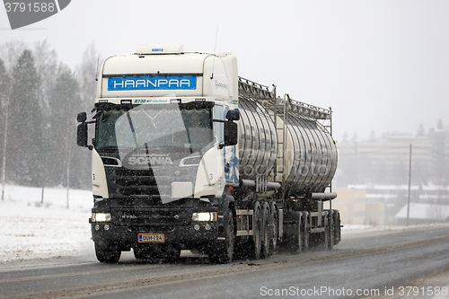 Image of White Scania R730 Tank Truck in Snowfall