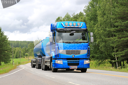 Image of Blue Renault Premium 460 Tank Truck on Summer Road