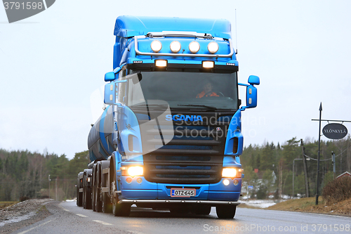 Image of Blue Scania Tank Truck Up Front