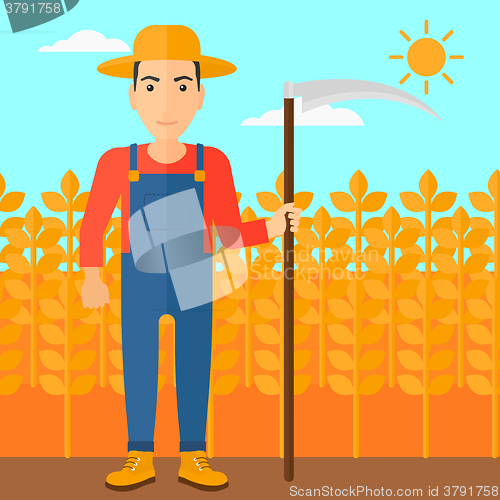 Image of Farmer on the field with scythe.