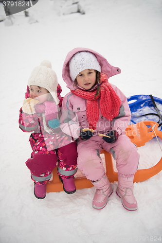 Image of portrait of two little girls sitting together on sledges