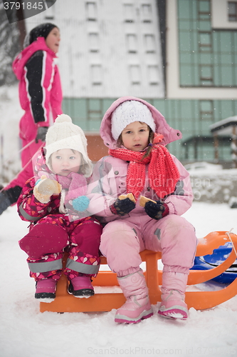 Image of portrait of two little girls sitting together on sledges