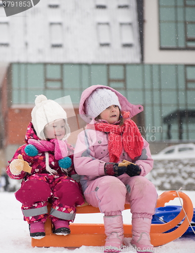 Image of portrait of two little girls sitting together on sledges