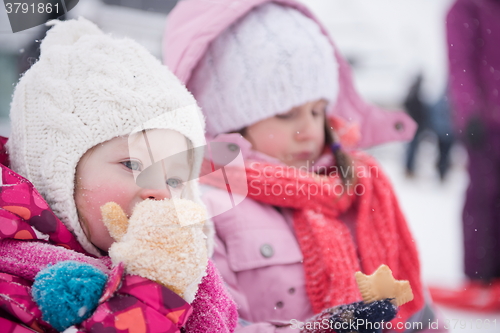 Image of portrait of two little girls sitting together on sledges