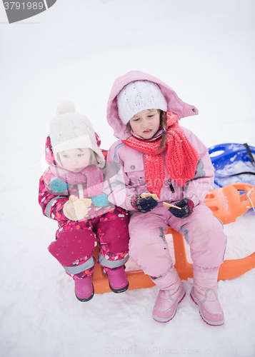 Image of portrait of two little girls sitting together on sledges