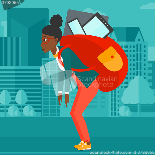 Image of Woman with backpack full of devices.