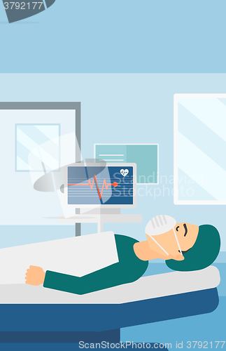 Image of Patient lying in hospital bed with heart monitor.