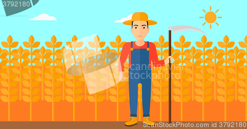 Image of Farmer on the field with scythe.