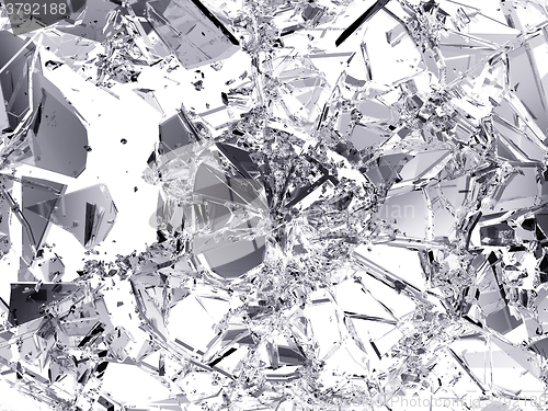 Image of Pieces of destructed Shattered glass on white