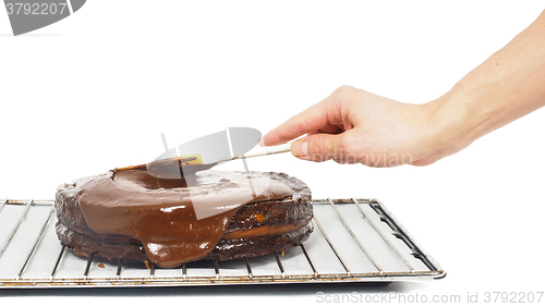 Image of Pastry chef making final touches to a sacher chocolate cake with